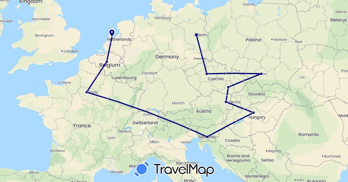 TravelMap itinerary: driving in Austria, Belgium, Czech Republic, Germany, France, Hungary, Netherlands, Poland, Slovenia (Europe)